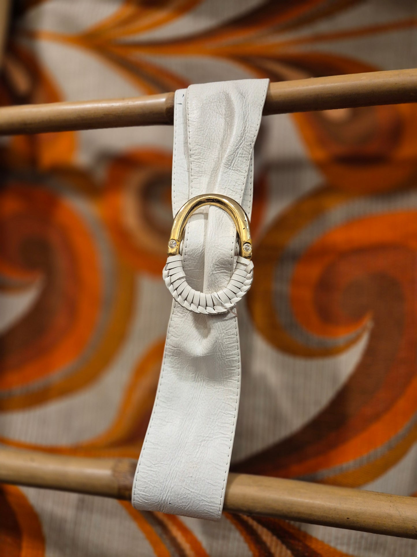White 1980's Gold Buckle Soft Leather Belt