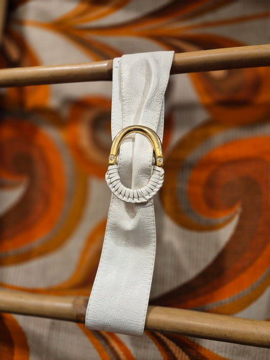 White 1980's Gold Buckle Soft Leather Belt