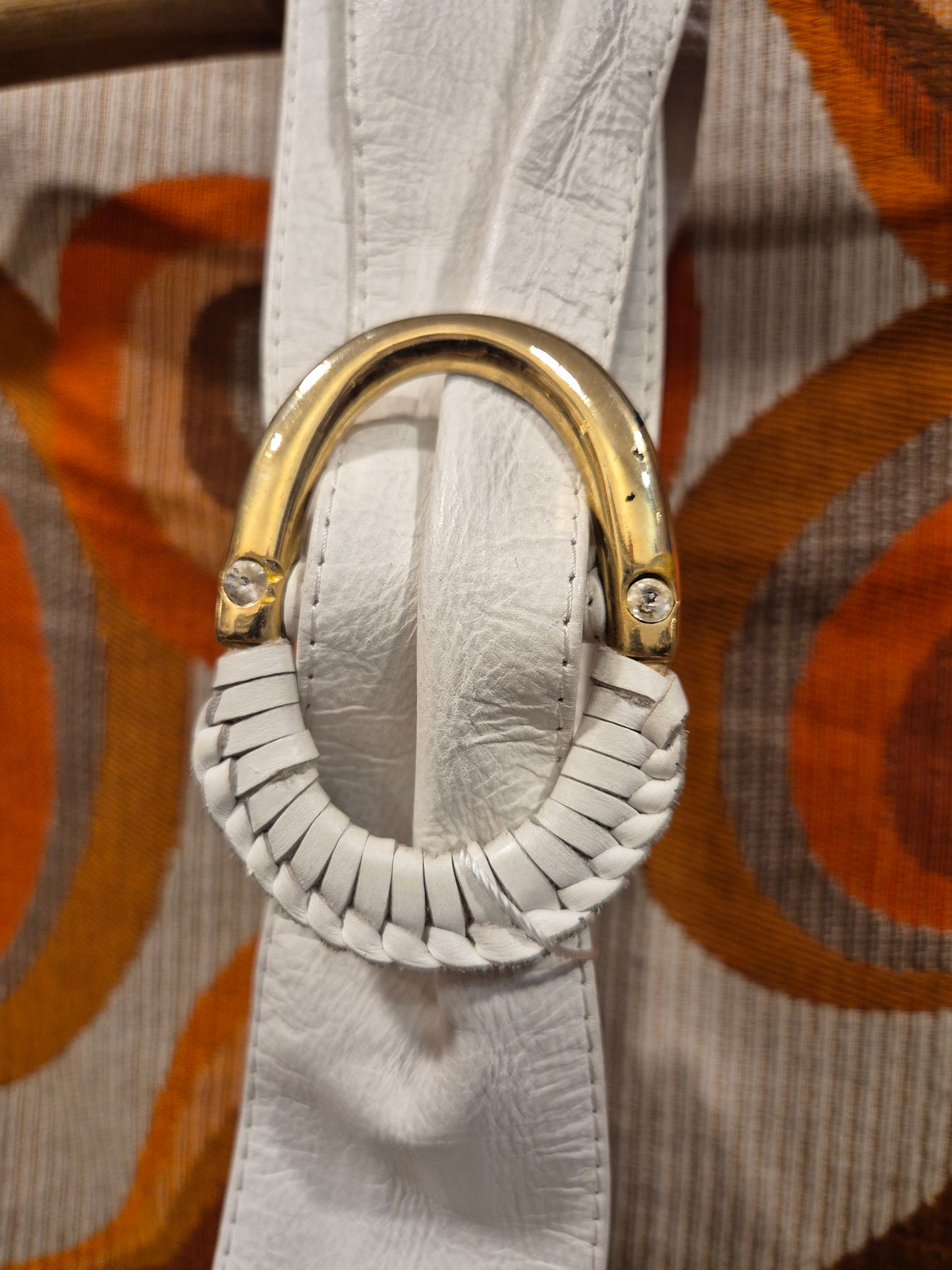 White 1980's Gold Buckle Soft Leather Belt
