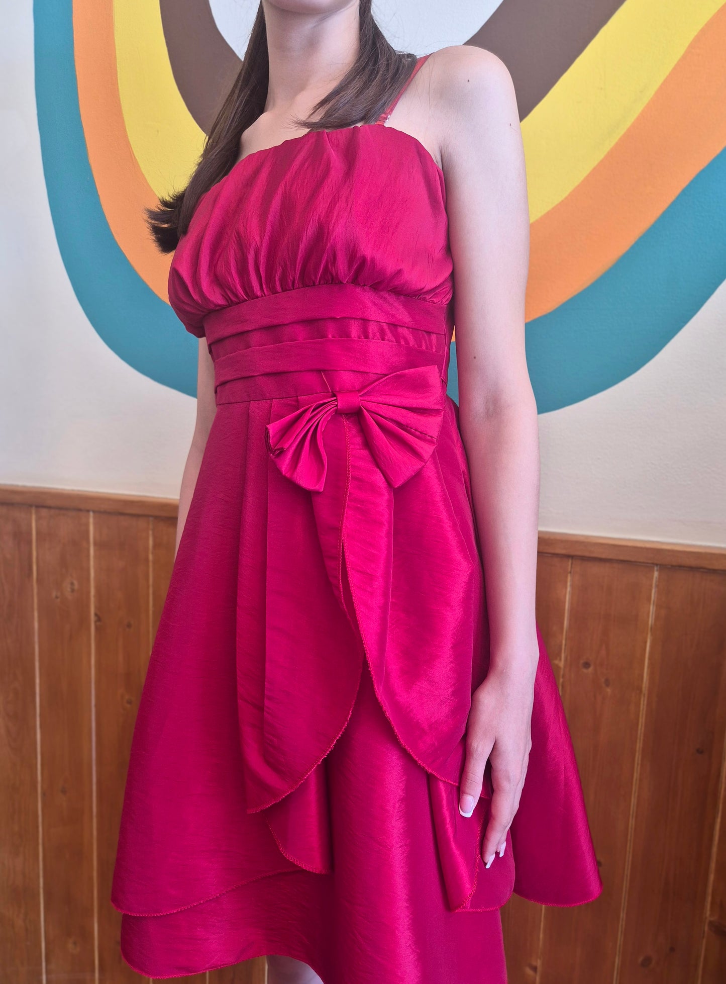 Cherry Pop Y2K Party Dress | Bubble Bodice | Pleated Waistline | Asymmetrical Bow Detail | Rich Cherry Red | Layered Skirt
