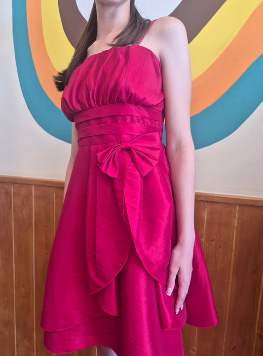 Cherry Pop Y2K Party Dress | Bubble Bodice | Pleated Waistline | Asymmetrical Bow Detail |  Rich Cherry Red | Layered Skirt