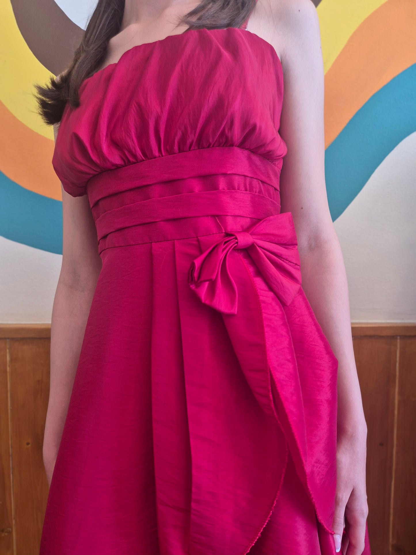 Cherry Pop Y2K Party Dress | Bubble Bodice | Pleated Waistline | Asymmetrical Bow Detail | Rich Cherry Red | Layered Skirt