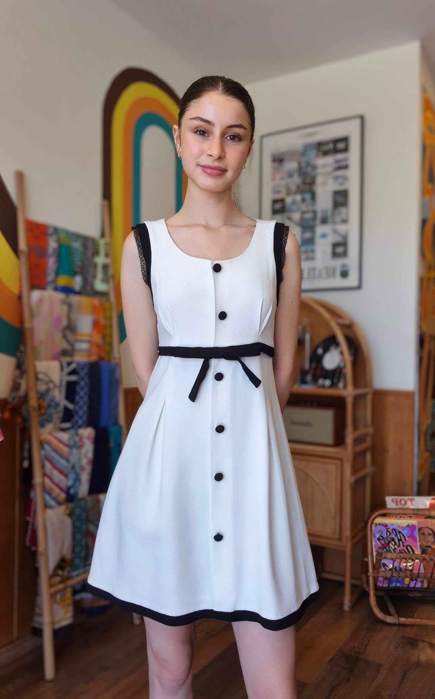 Monochrome Dream Y2K Dress | Black Button Details | A-Line Cut | Lace-Trimmed Shoulders
