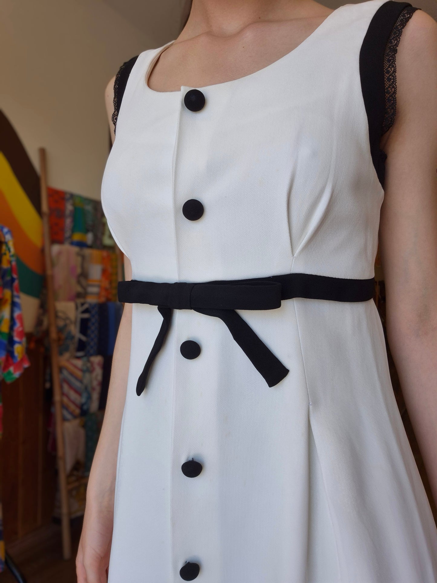 Monochrome Dream Y2K Dress | Black Button Details | A-Line Cut | Lace-Trimmed Shoulders