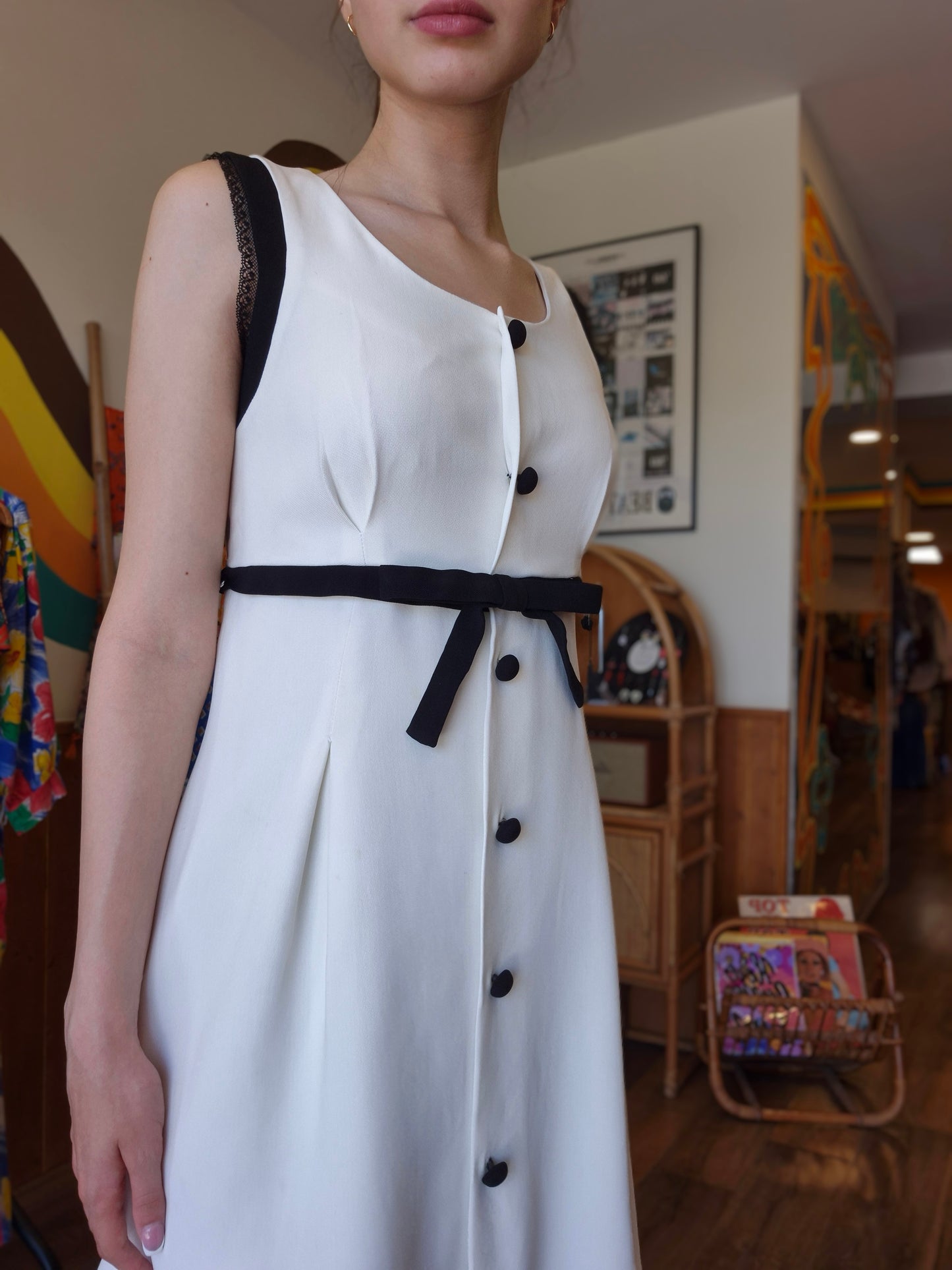 Monochrome Dream Y2K Dress | Black Button Details | A-Line Cut | Lace-Trimmed Shoulders