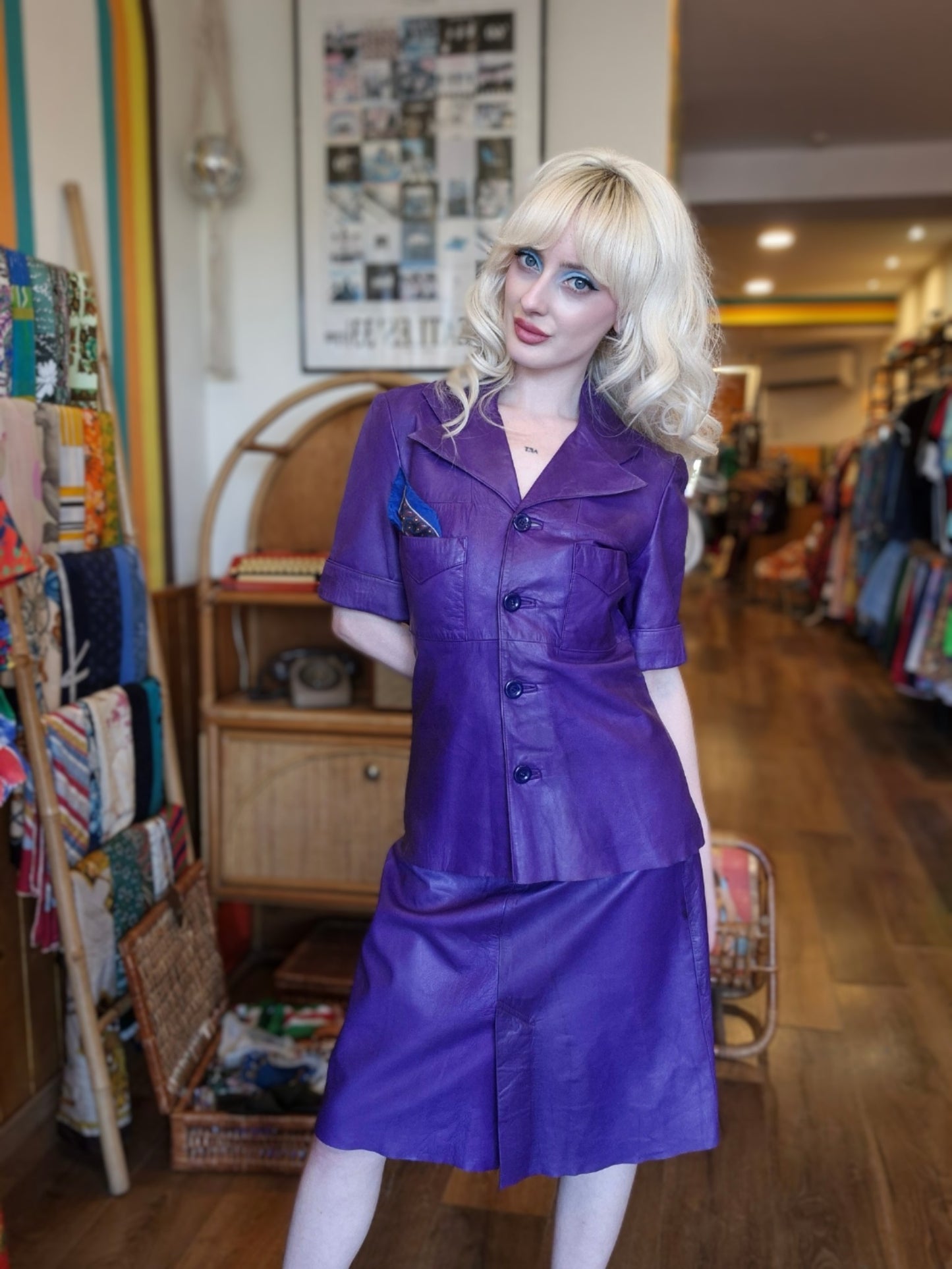 Vintage 70s Purple Leather Two-Piece Set – Retro Leather Jacket & Skirt | Women's Vintage Outfit | Genuine 1970s Suit