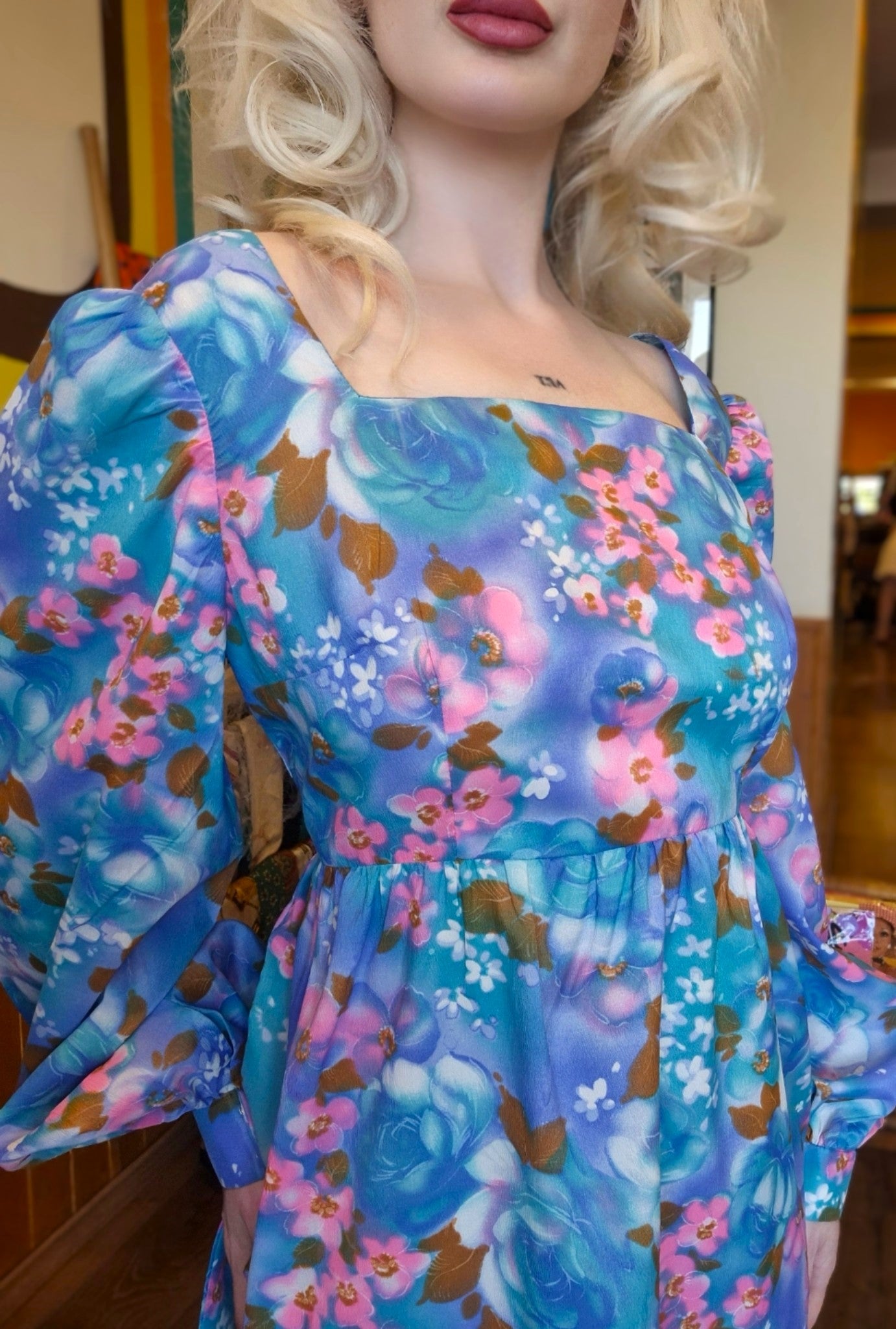 Reworked Vintage 70s Floral Mini Dress – Blue & Pink Puff Sleeve Dress with Matching Headband & Scrunchie | One-of-a-Kind Upcycled Piece