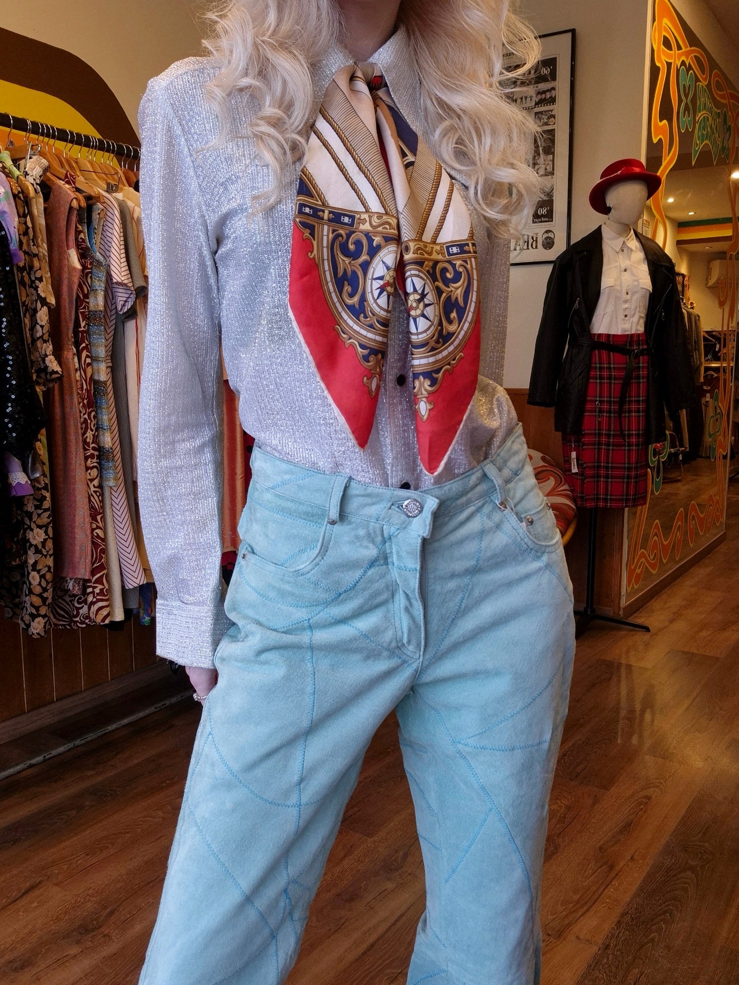 90s Vintage Lois Deadstock Baby Blue Suede Flares