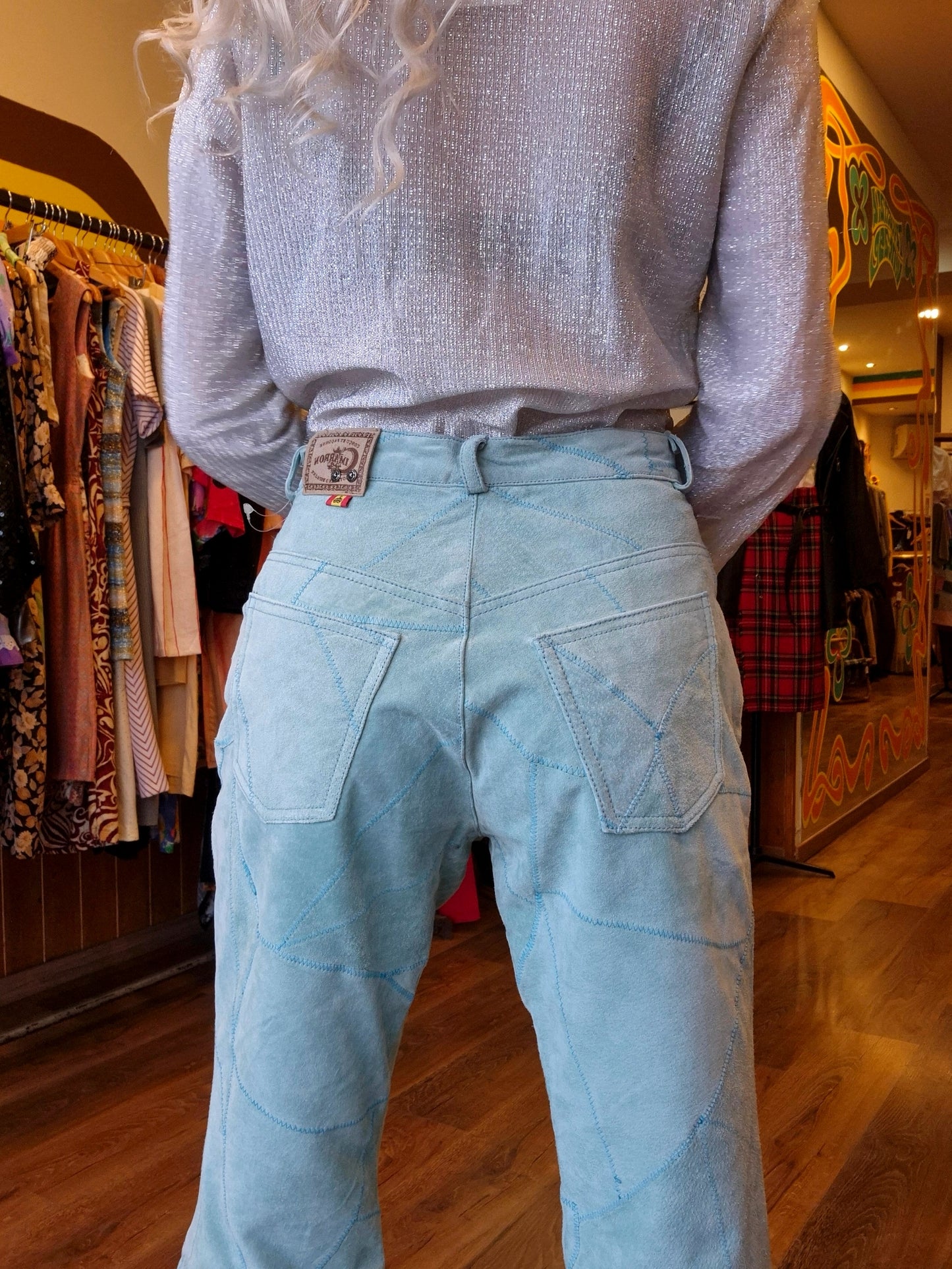 90s Vintage Lois Deadstock Baby Blue Suede Flares