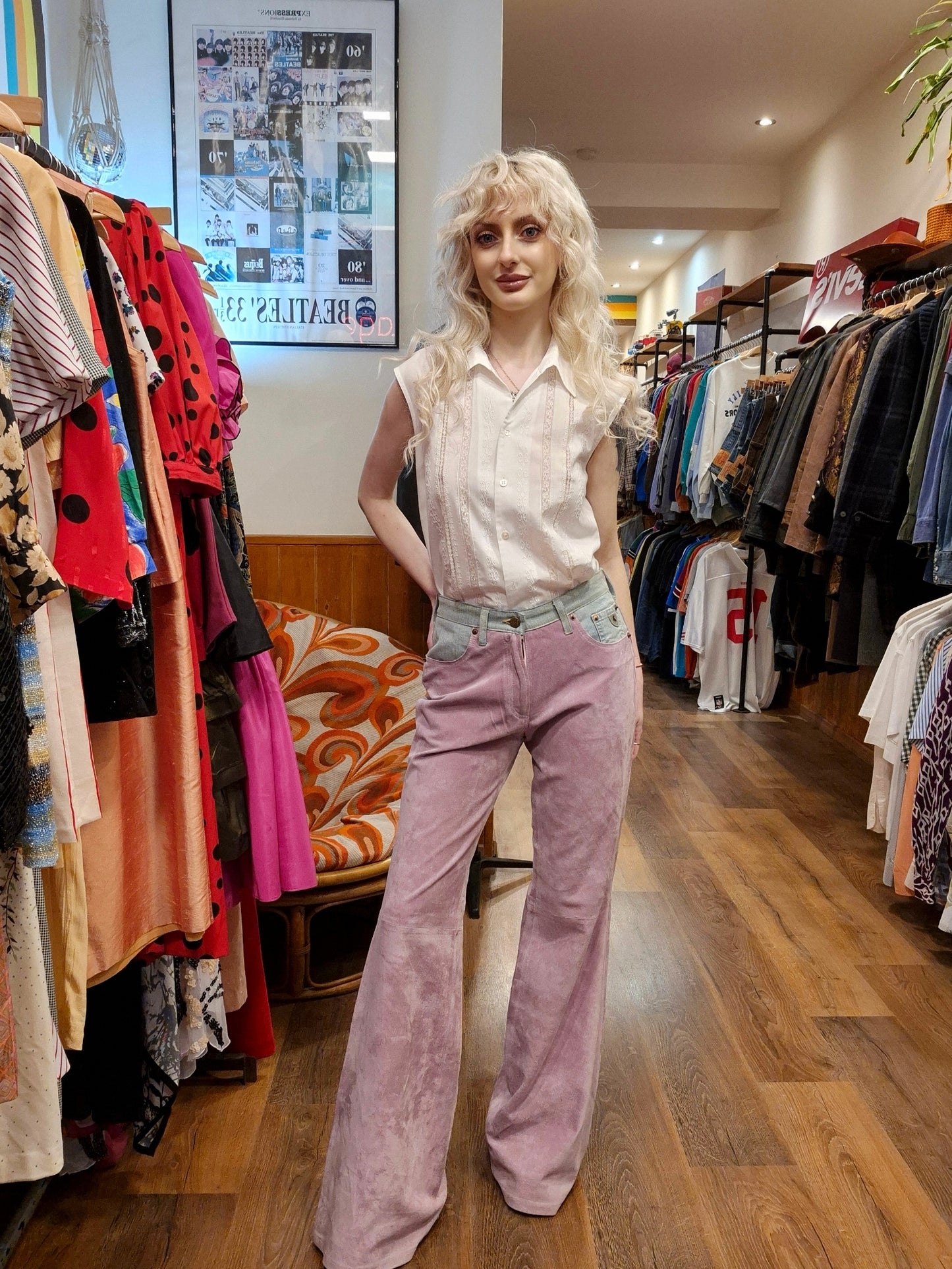 Deadstock Lois Pink Suede and Denim Pants