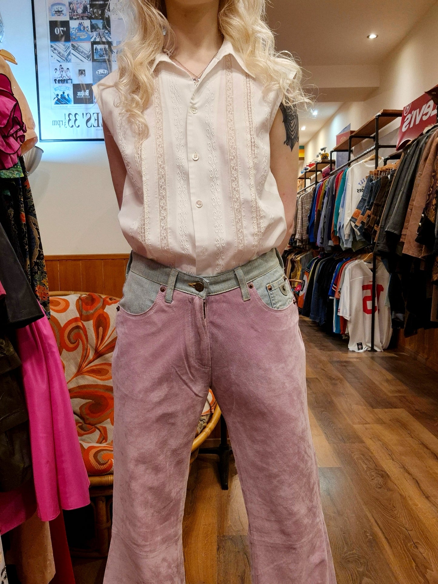 Deadstock Lois Pink Suede and Denim Pants