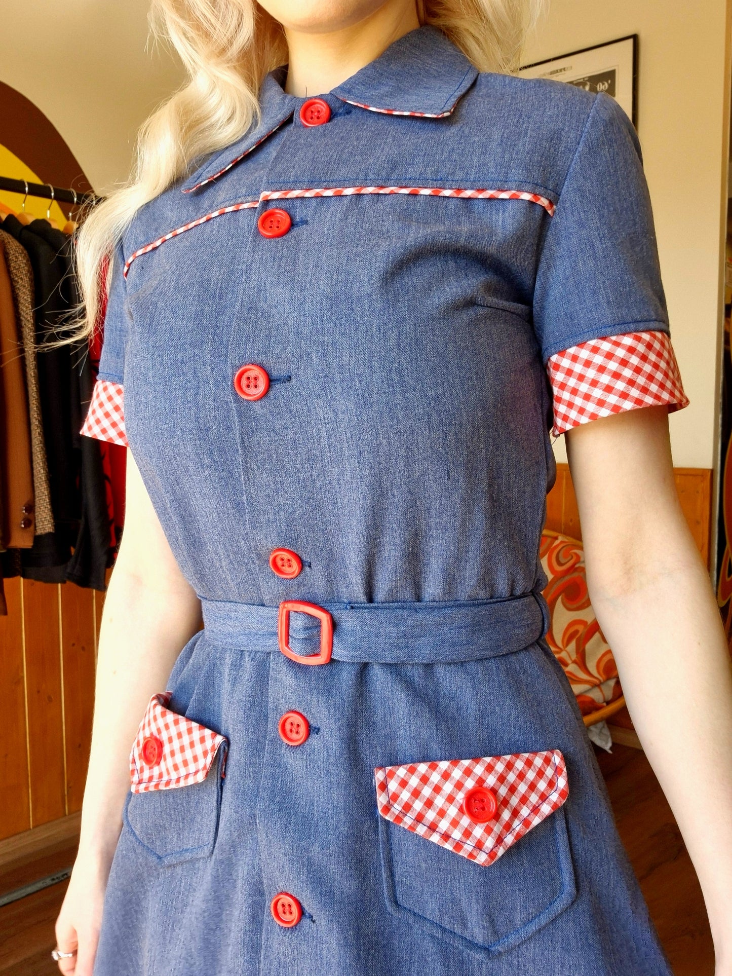 1970s Denim and Gingham Dress