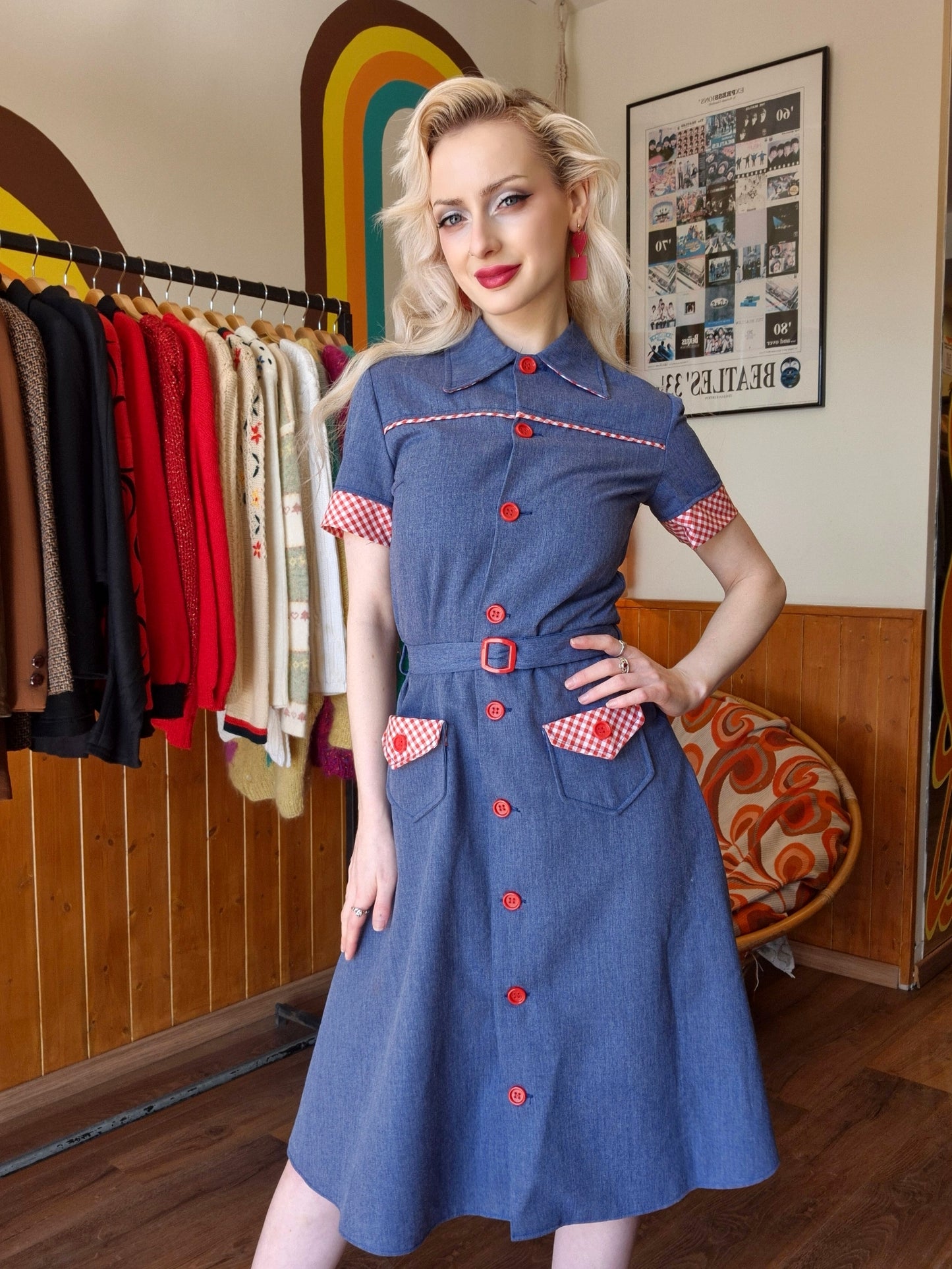 1970s Denim and Gingham Dress