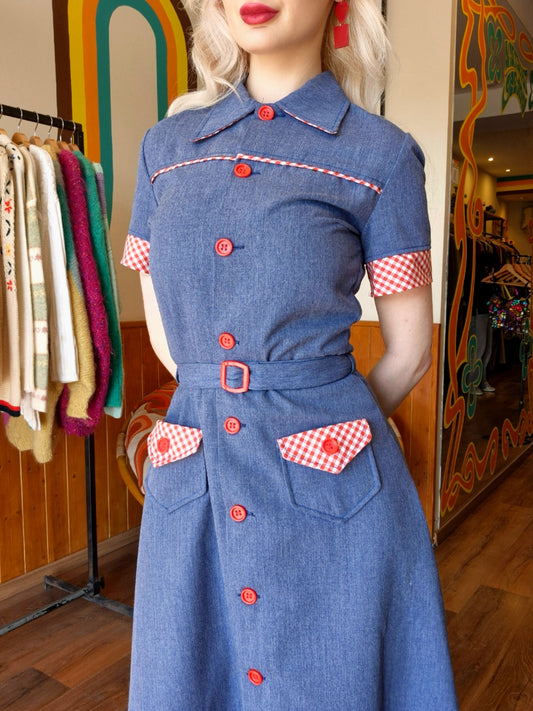 1970s Denim and Gingham Dress