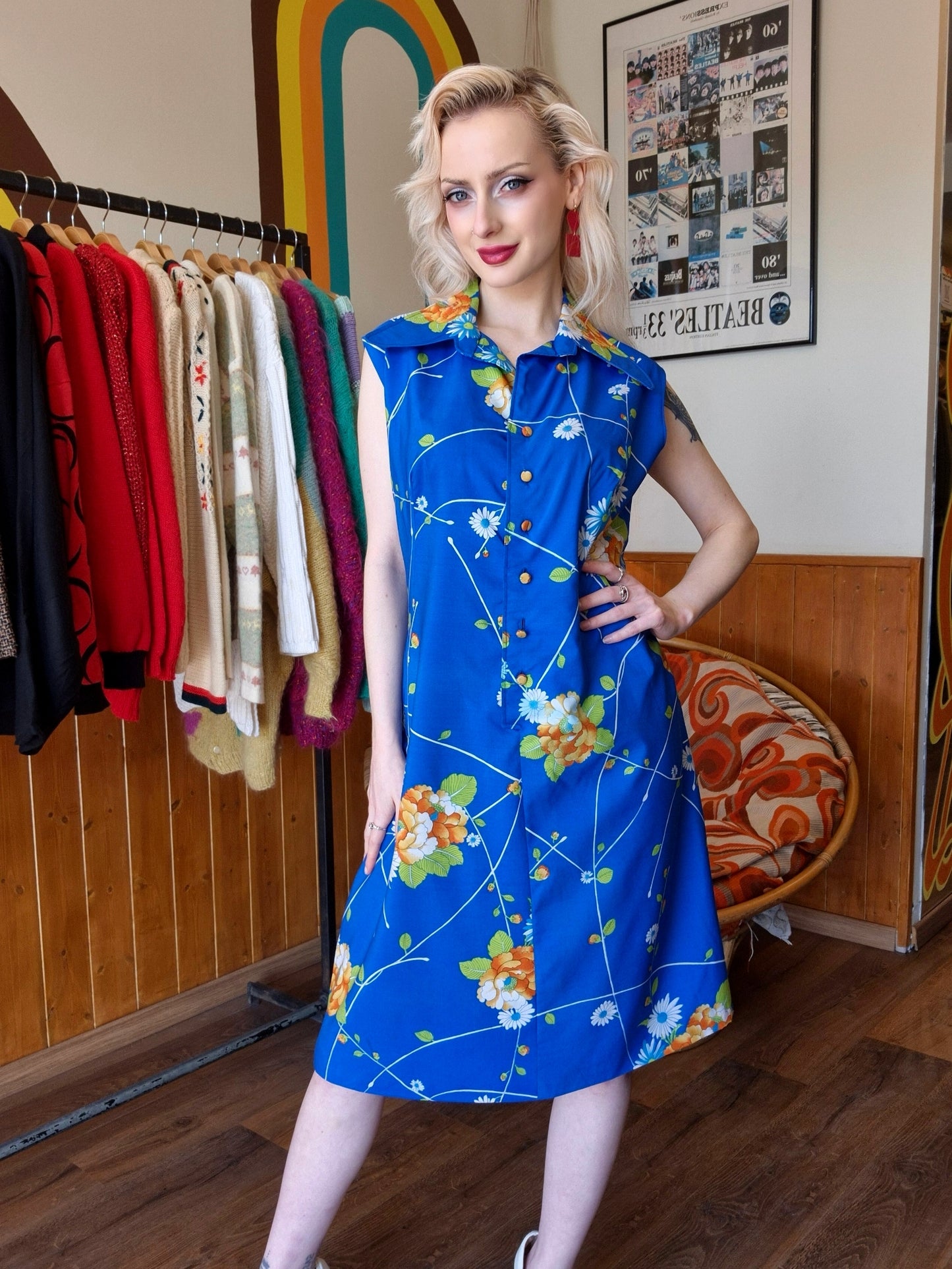 1970s Royal Blue Floral Dress