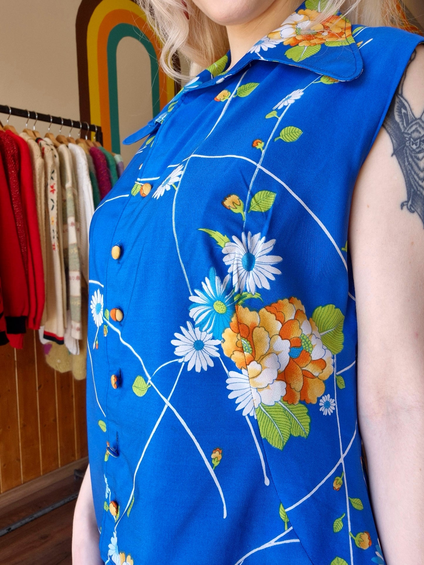 1970s Royal Blue Floral Dress