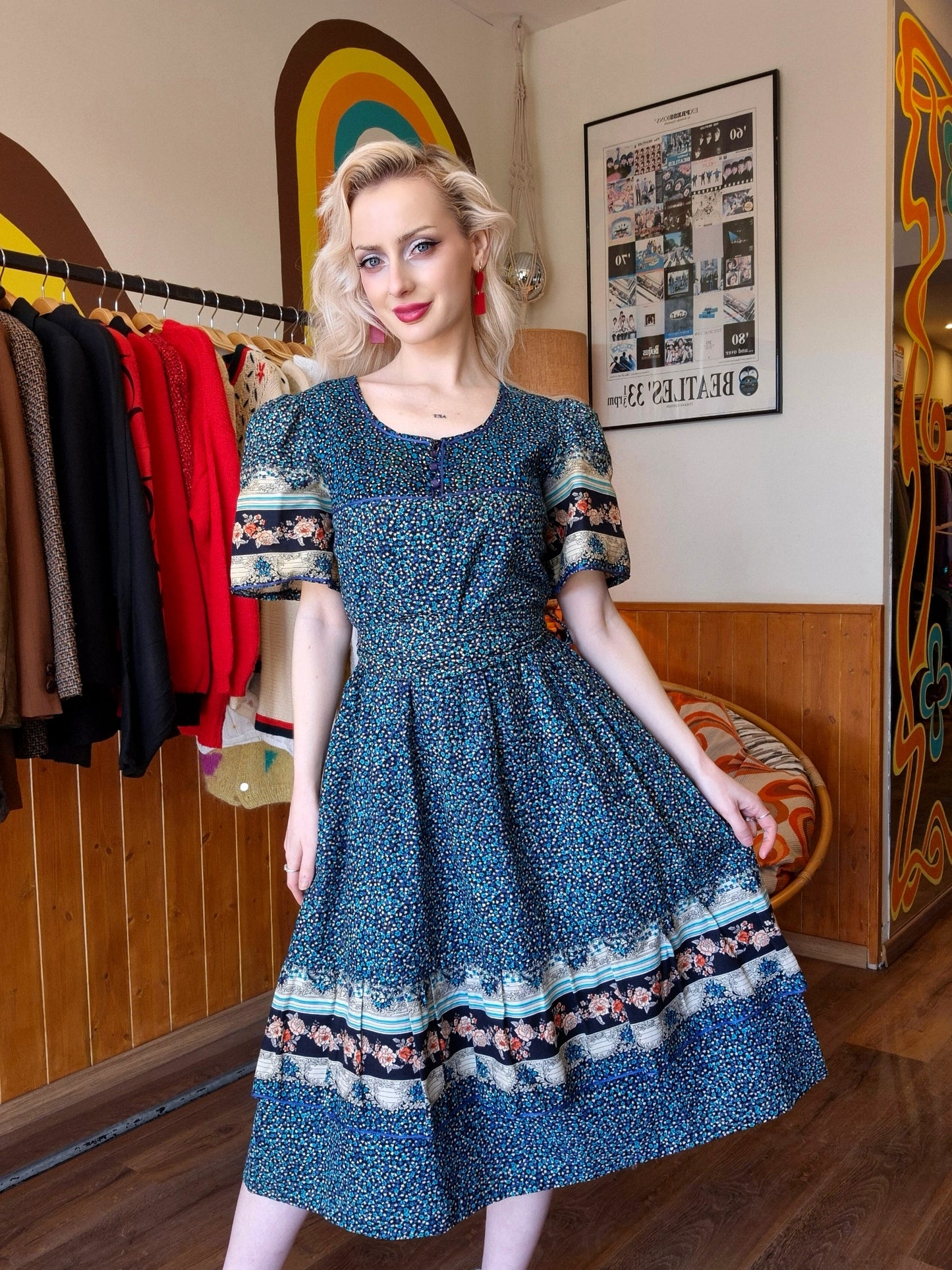 1970s Floral Dress with beautiful bell sleave.