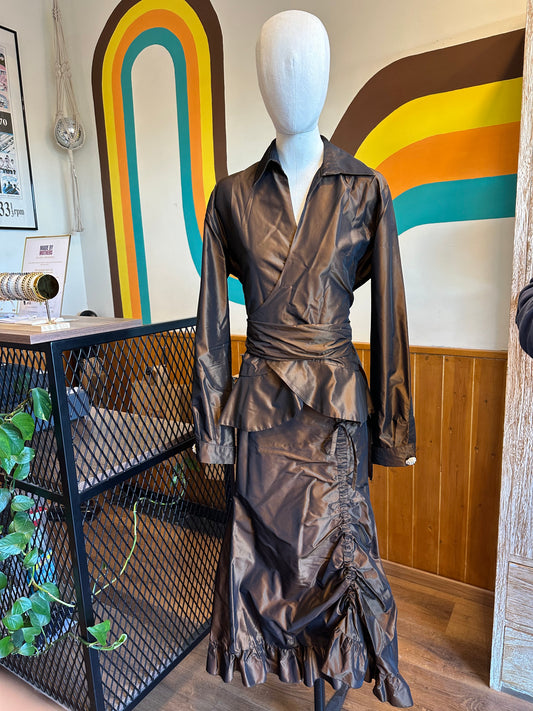 Vintage Ruched Skirt & Wrap Blouse Set”