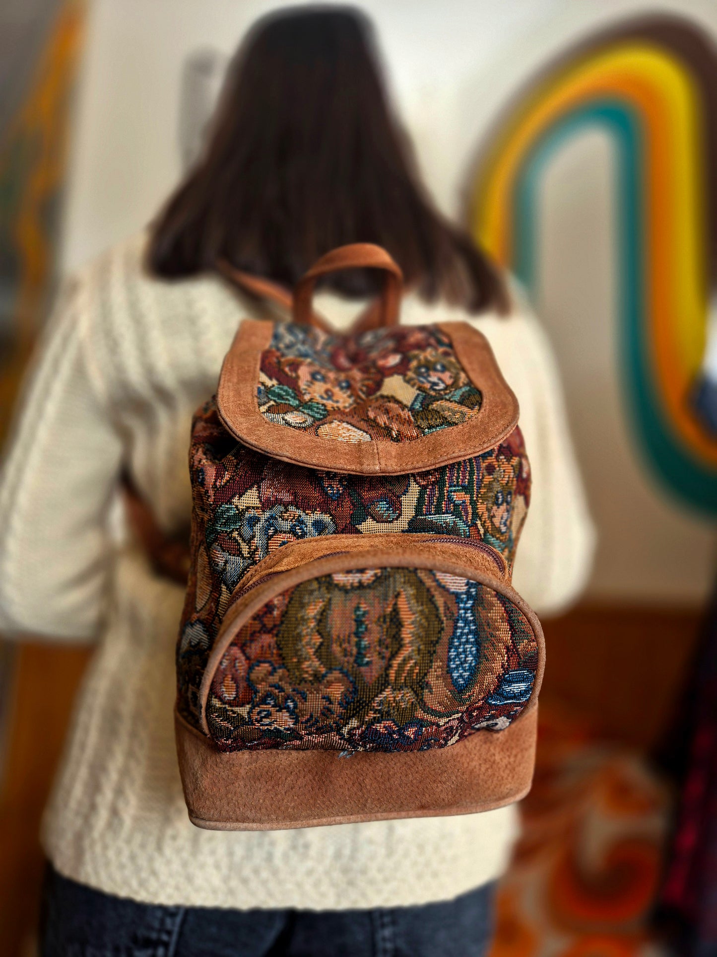 Vintage Tapestry and Suede Bagpack