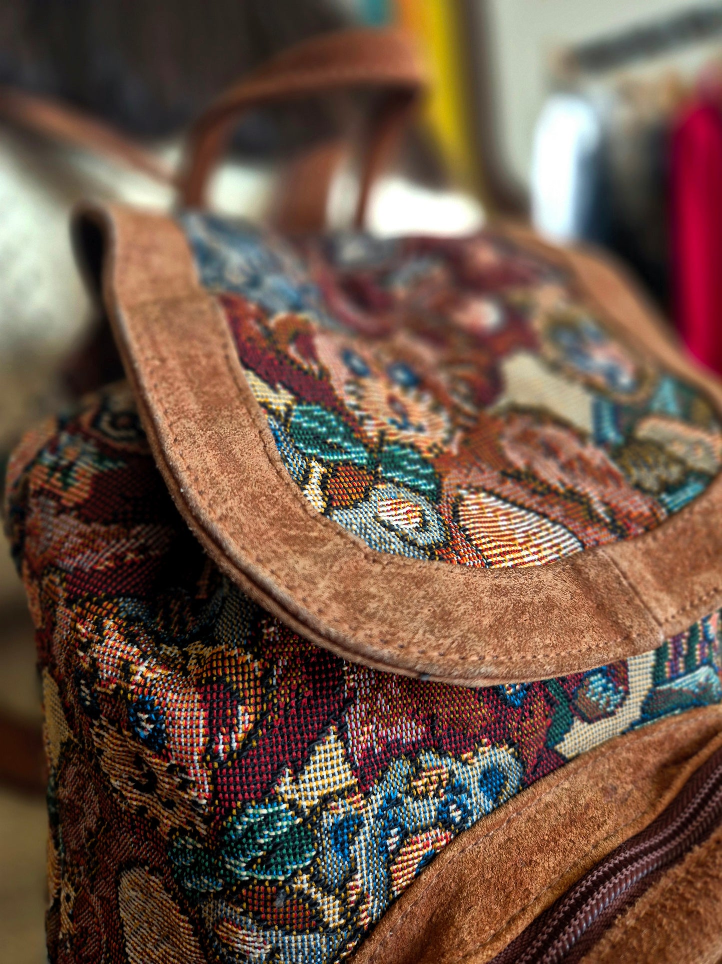 Vintage Tapestry and Suede Bagpack