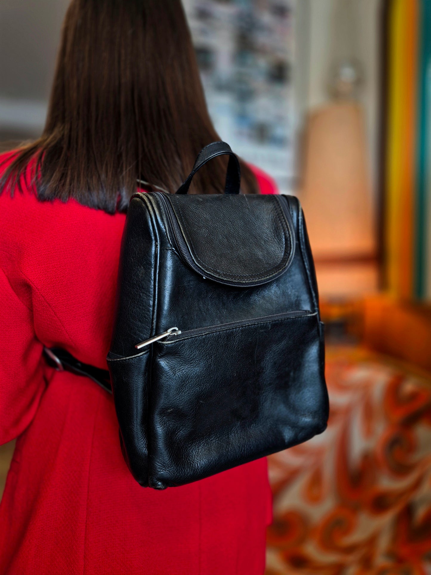 Vintage Black Leather Backpack