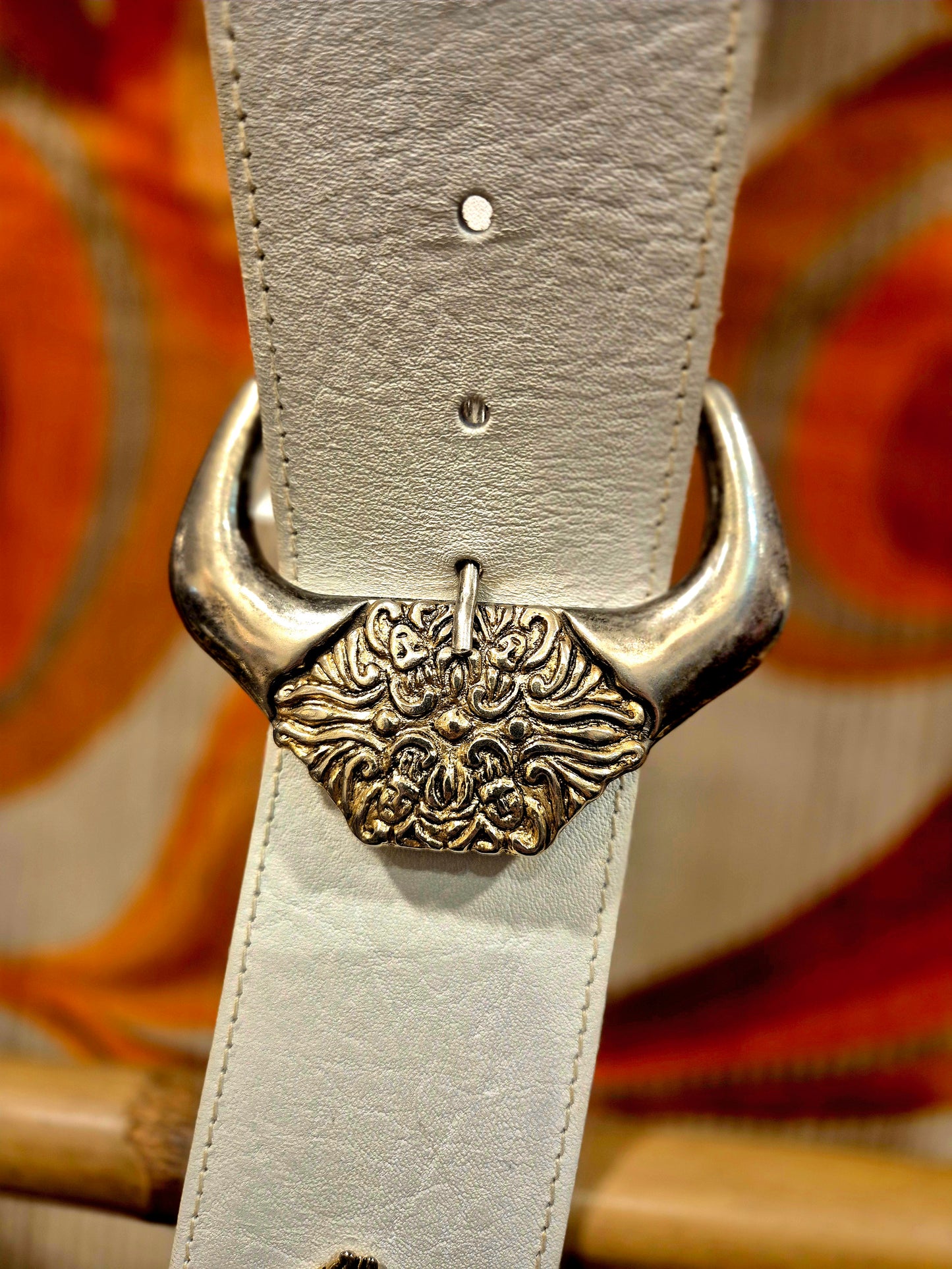 1980s White Leather Western Belt