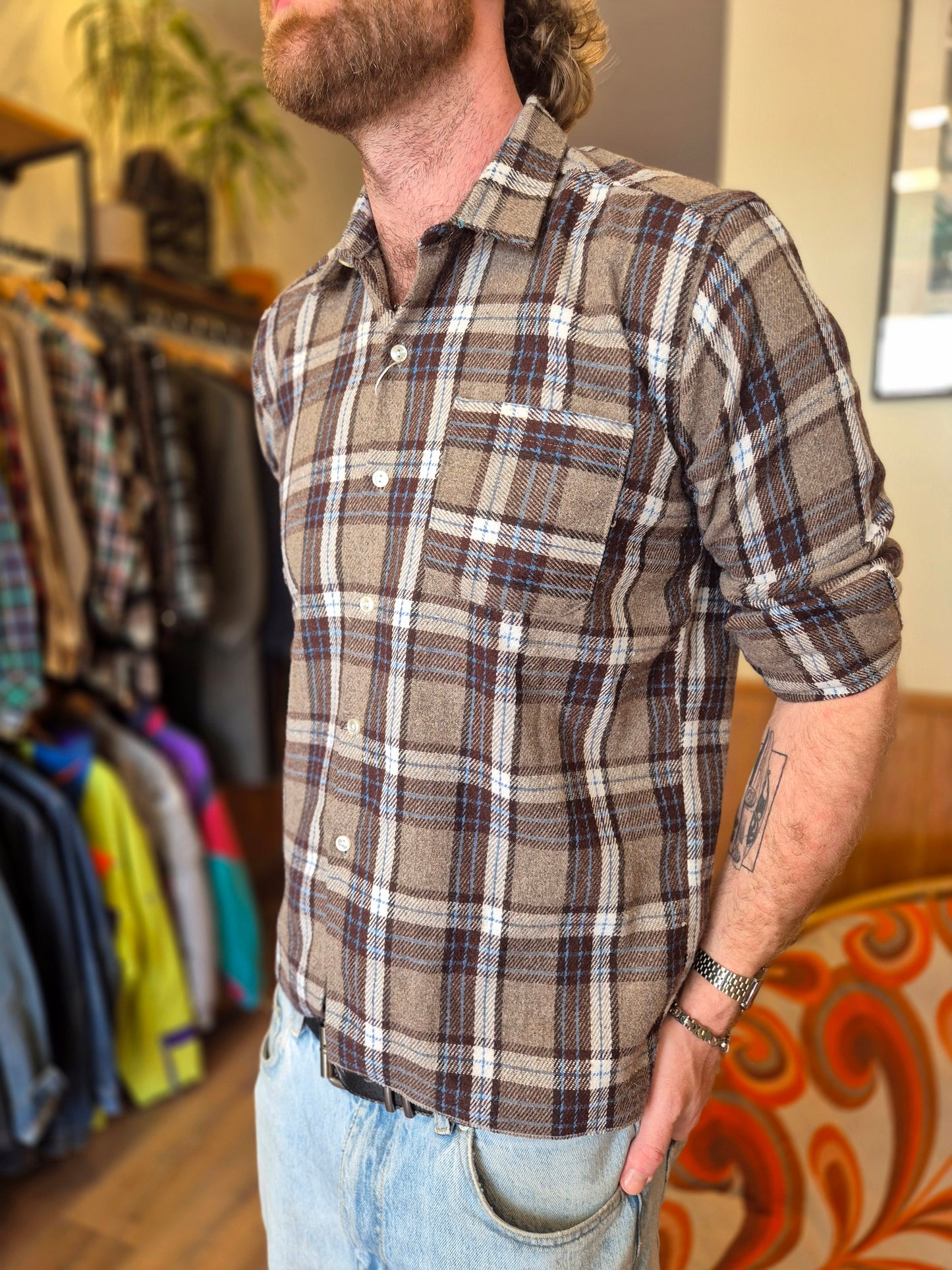 1980s Vintage Brown and Blue Flannel shirt