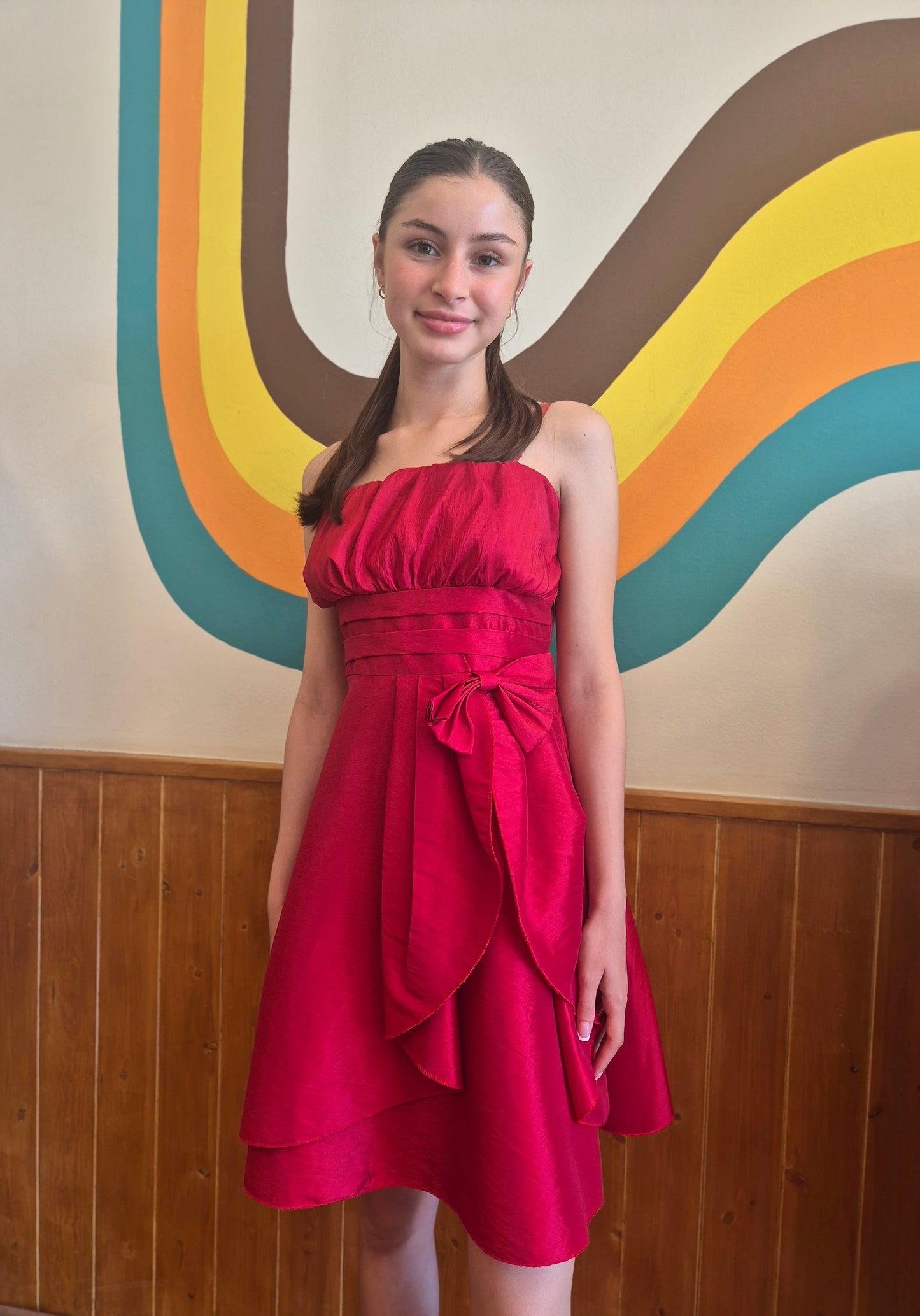 Cherry Pop Y2K Party Dress | Bubble Bodice | Pleated Waistline | Asymmetrical Bow Detail |  Rich Cherry Red | Layered Skirt