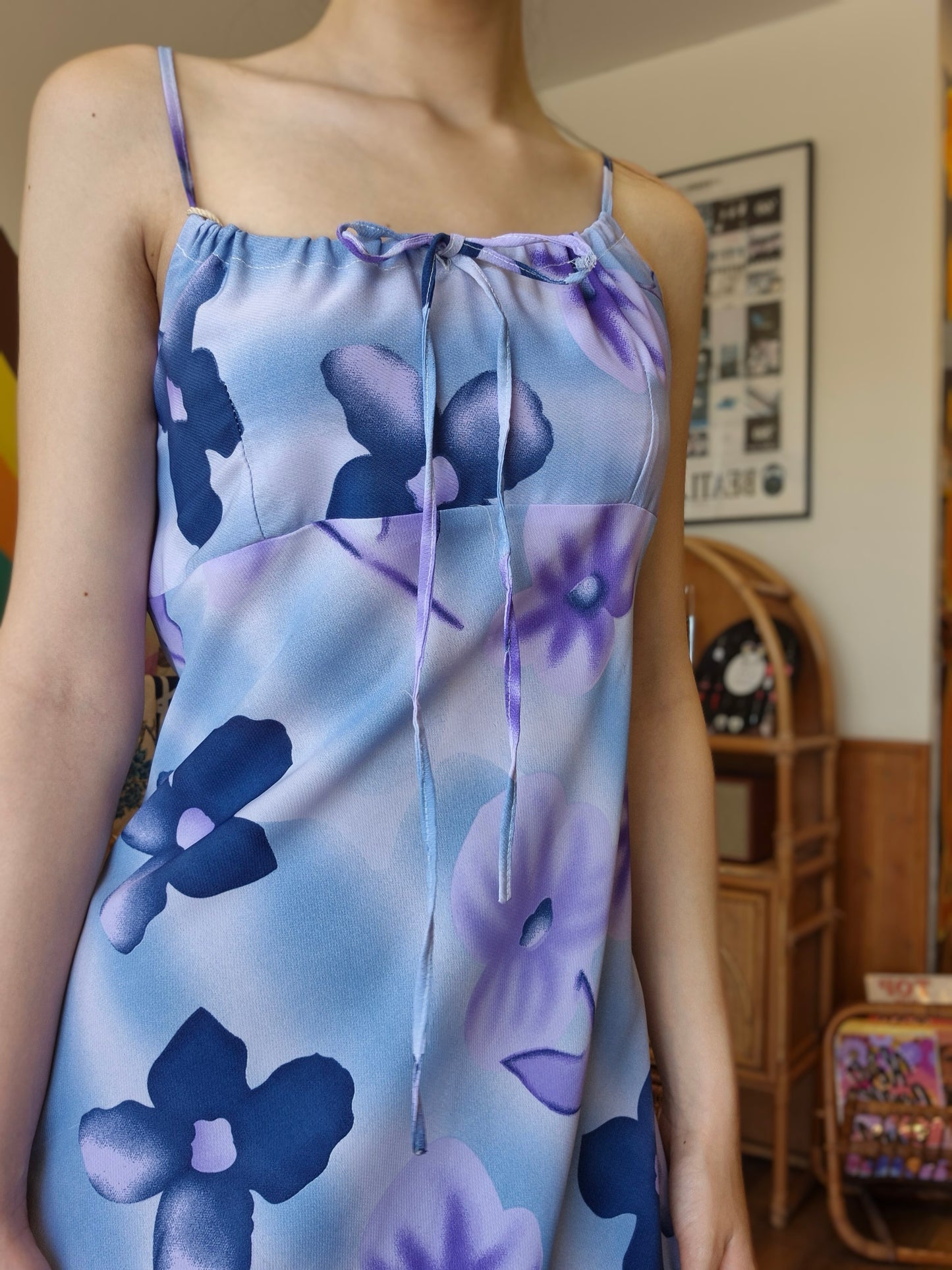 Blue Bloom Y2K Slip Dress | Lavender-Blue Base |  Floral Prints | Ruched Neckline | Violet and Navy