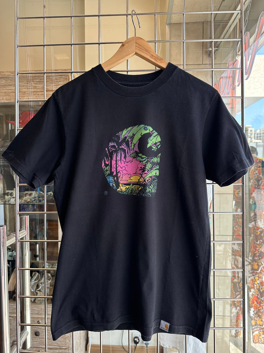 Vintage Graphic Black T-Shirt Tropical Print