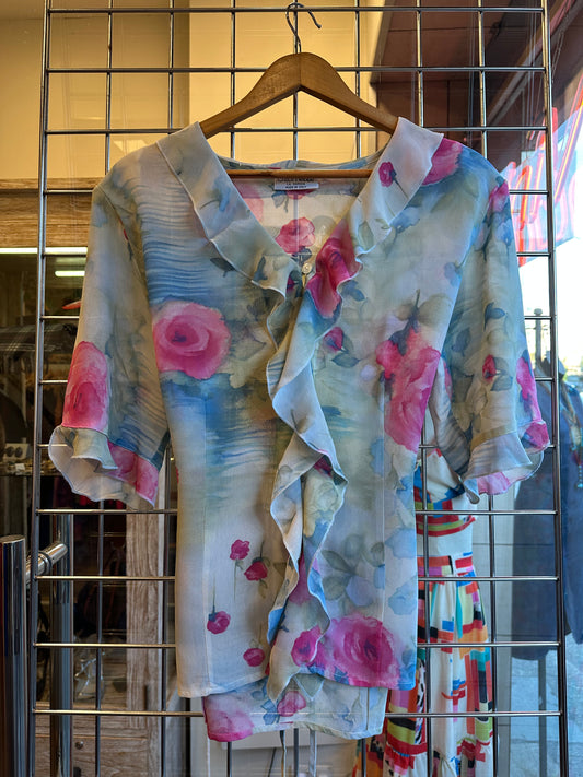1990s Sheer Floral Ruffle Blouse