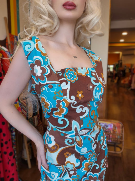 Vintage Late 60s/Early 70s Brown & Blue Floral Mod Dress – Retro Psychedelic Mini | Square Neck Sleeveless Shift Dress