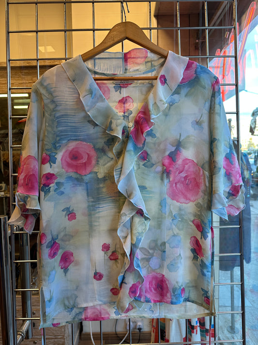 1990s Sheer Floral Ruffle Blouse