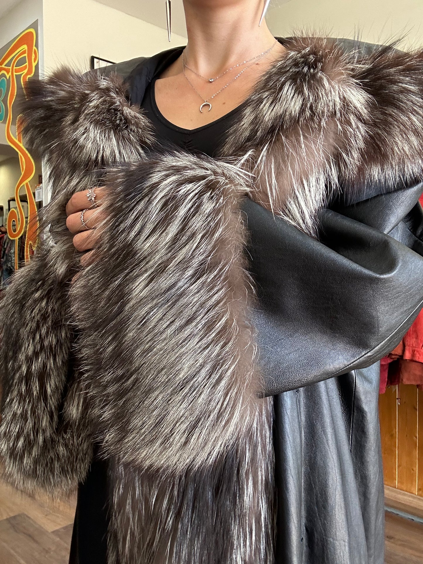Black Leather Coat with Silver Fox Fur