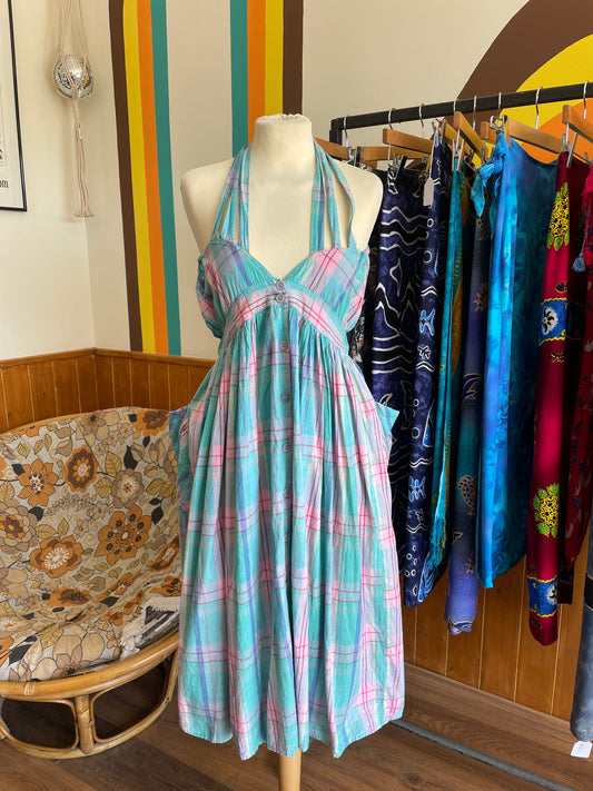 1990s Chequered Pink & Blue Strappy Dress