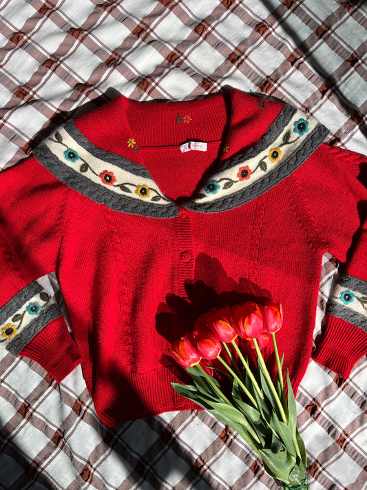 Vintage Red Austrian Cardigan with Embroidered Flowers
