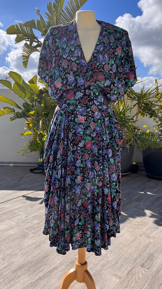 1980s Floral Rayon Dress